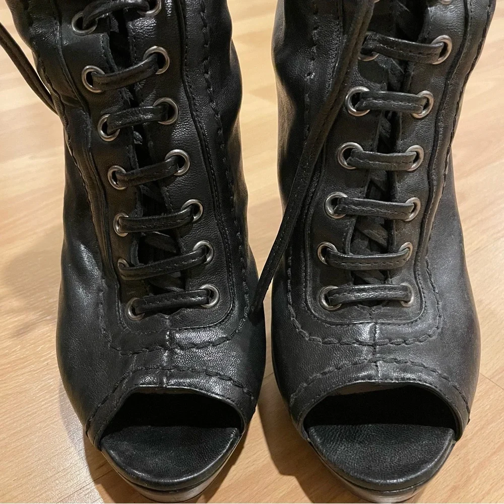 EUC Miu Miu 5” Lace-Up Peep-toe Zippered Heeled Booties, Black, Sz 8.5 / 39 - Picture 6 of 8